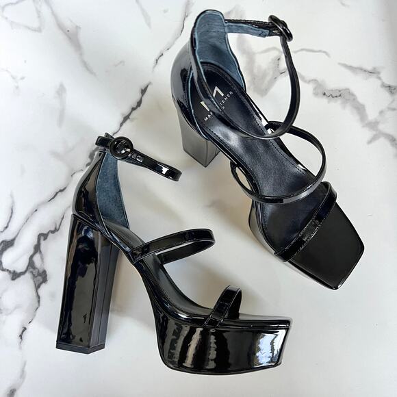 NEW Marc Fisher Frita Black Patent Leather Platform Sandals Size 8.5 - Picture 1 of 9